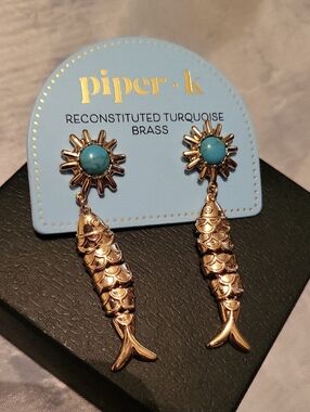 Piper K Gold Fish Drop Earrings with Turquoise Accent BNWT TA
